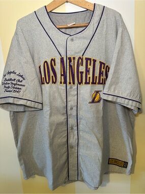 Los Angeles Lakers Grey Baseball Jersey with Purple & Gold Accents